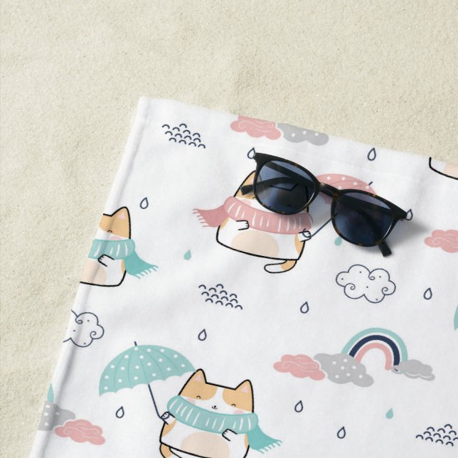 De Playa Kawaii Cats Rainy Day Pattern Beach Toalla (In situ)