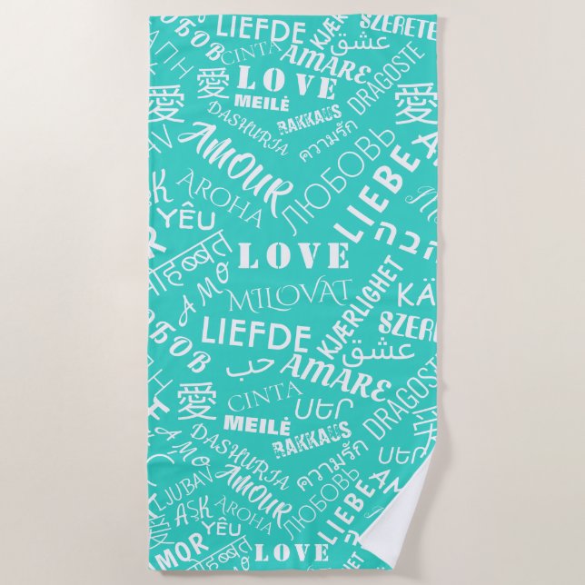 De Playa Love Text Beach Toalla Multi Language Turquoise (Anverso)