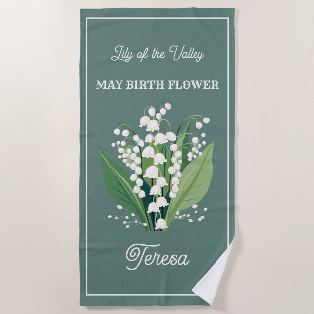 De Playa May Birth Flower Custom Name Beach Toalla (Anverso)