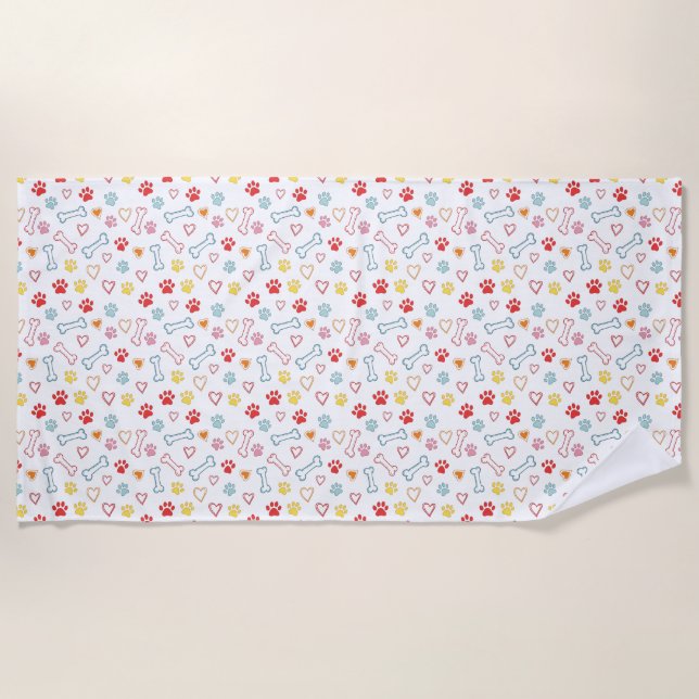 De Playa Paws coloridos, Hearts & Bones Doodle Beach Toalla (Anverso)