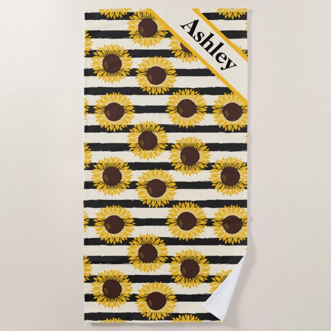 De Playa Sunflowers y Black Stripes Beach Toalla (Anverso)