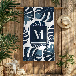 De Playa Toalla Monograma Navy Blue & White Monstera Beach
