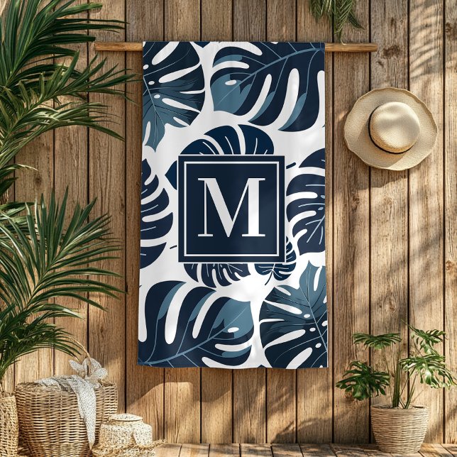 De Playa Toalla Monograma Navy Blue & White Monstera Beach (Subido por el creador)