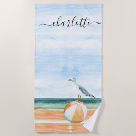 De Playa Watercolor Beach Beach Ball Sea Gull Toalla
