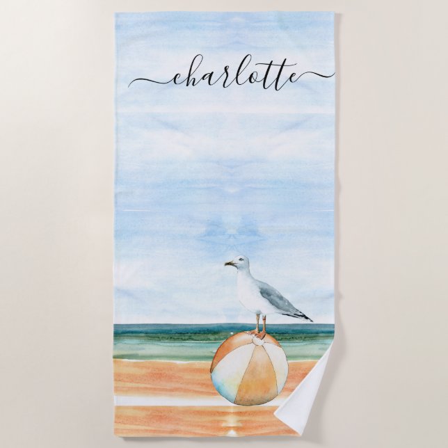 De Playa Watercolor Beach Beach Ball Sea Gull Toalla (Anverso)