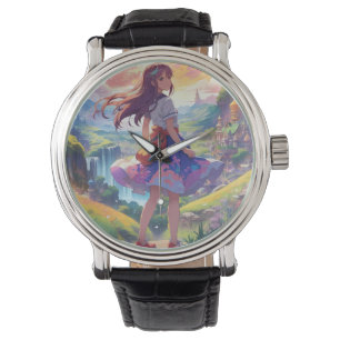 De Pulsera Anime Chica en el reloj redondo del paisaje