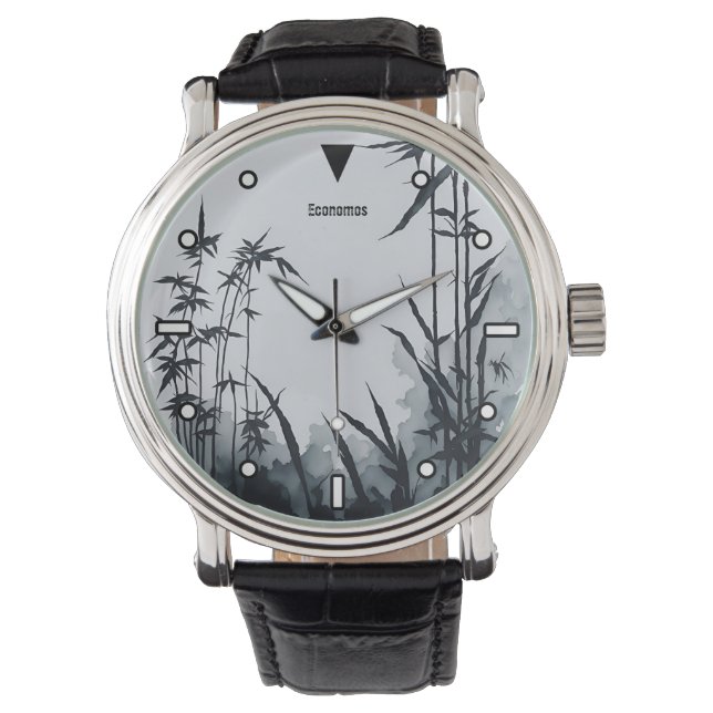 De Pulsera Bambú Tinta china pintura reloj blanco y negro (Anverso)