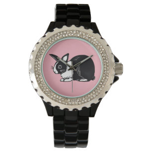 De Pulsera Conejo holandés blanco y negro con el reloj rosad
