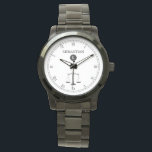 De Pulsera Juez escala Monograma Ley Reloj Proffesional<br><div class="desc">Un elegante reloj de cara con un nombre personalizado en blanco y negro, con un símbolo de escala de justicia y un lugar para el nombre del destinatario del regalo. Un gran regalo para todo aquel que esté en la escuela de derecho, un abogado o juez, oficial de policía o...</div>