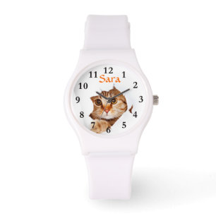 De Pulsera Mirar a escondidas el gato en el reloj blanco