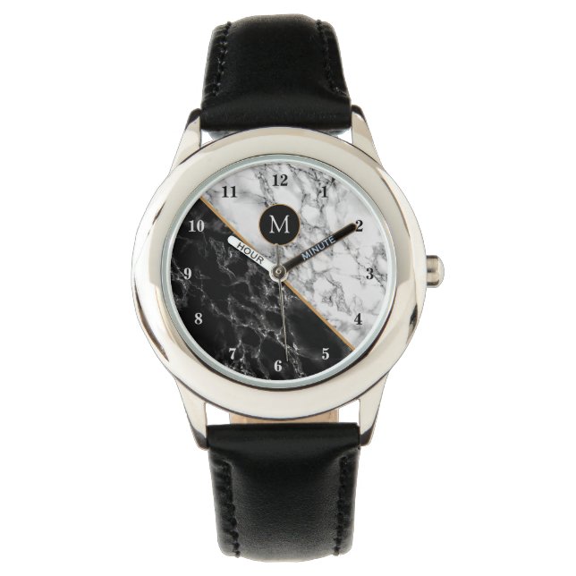 De Pulsera Monograma Reloj moderno Mármol blanco negro (Anverso)