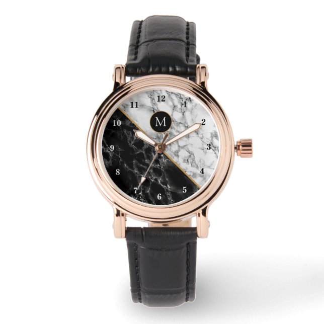 De Pulsera Monograma Reloj personal Marble blanco negro (Anverso)