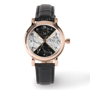 De Pulsera Monograma Reloj personalizado Marble blanco negro
