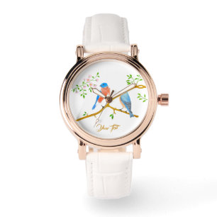 De Pulsera Reloj Antiguo Bluebirds Rose Gold Con Banda Blanca