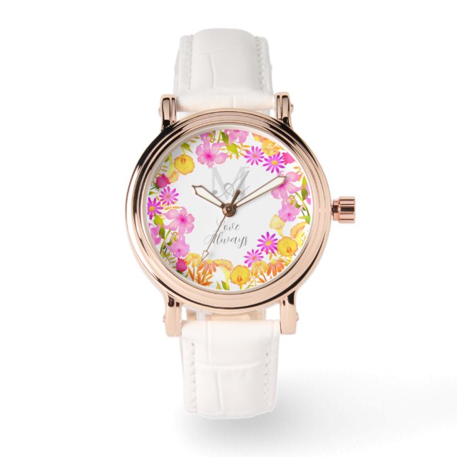 De Pulsera Reloj blanco con monograma húmedo botánico (Anverso)