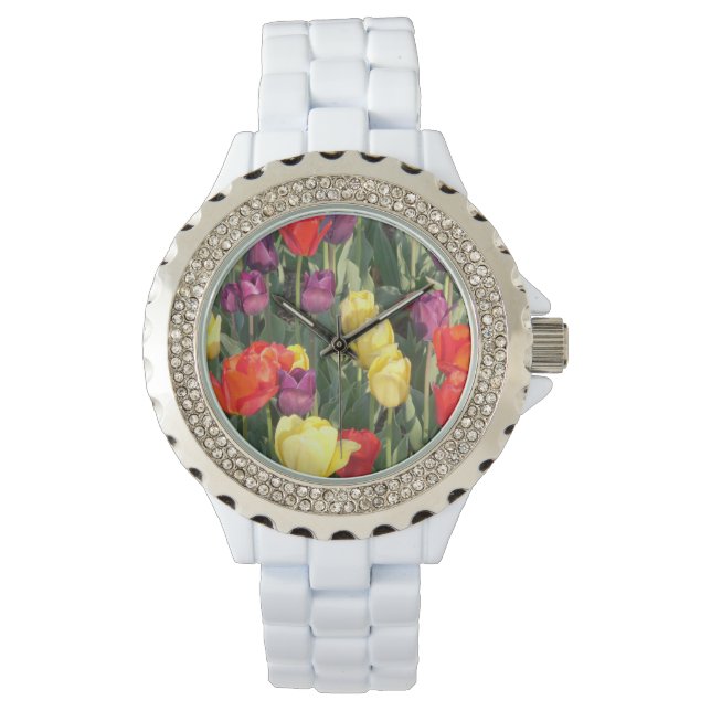 De Pulsera Reloj blanco con tulipanes multicolor (Anverso)