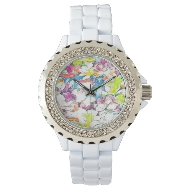 De Pulsera Reloj blanco floral con efecto flotante (Anverso)