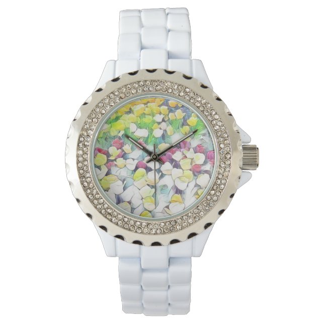De Pulsera Reloj blanco floral (flotante) (Anverso)