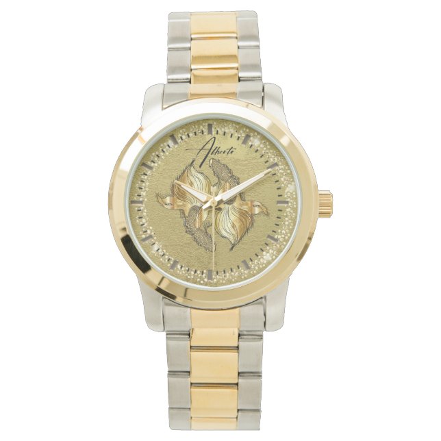 De Pulsera Reloj  dorada personalizada  con peces doradas (Anverso)
