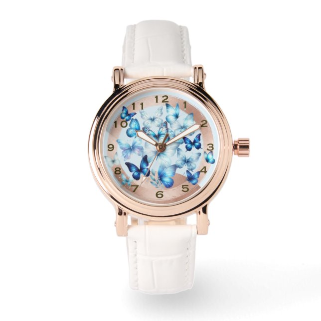 De Pulsera Reloj eWatch Mariposa Azul con Estilo Rosa Dorado (Anverso)