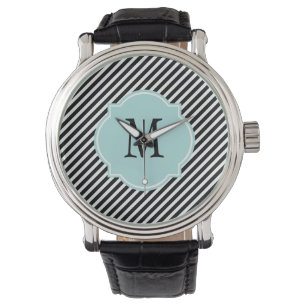 De Pulsera Reloj monograma rayado en blanco y negro