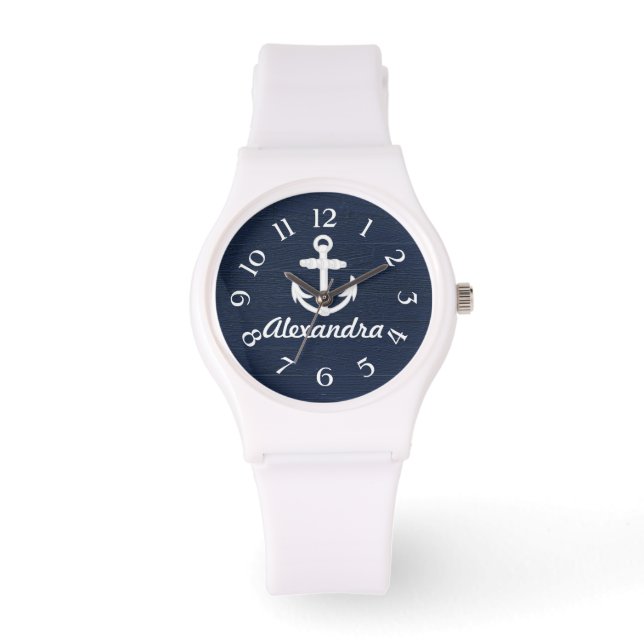 De Pulsera Reloj personalizado del ancla náutica azul/blanco (Anverso)