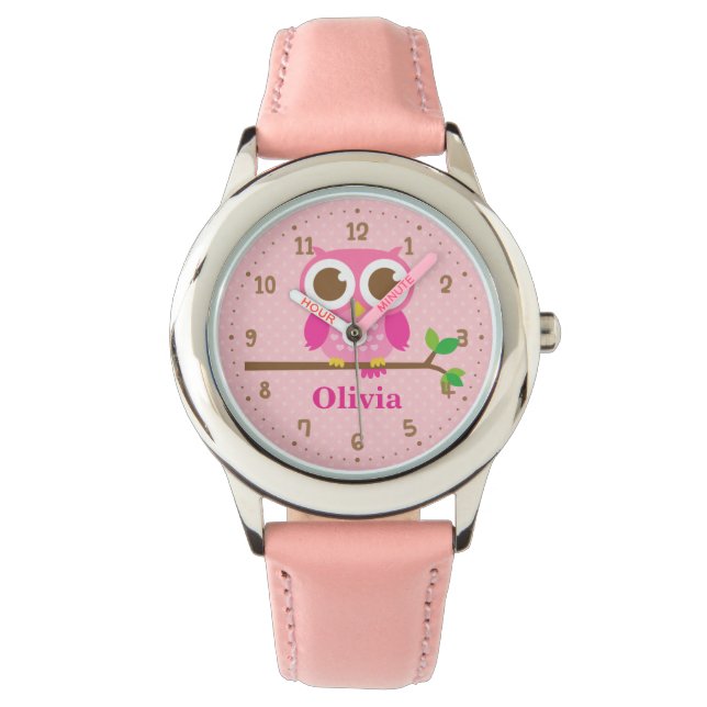 De Pulsera Reloj personalizado para niñas con búho rosa lindo (Anverso)