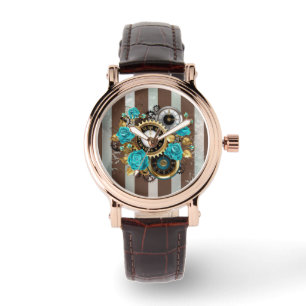 De Pulsera Reloj Steampunk y Rosas turquesas a rayas