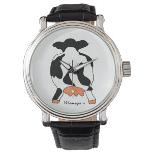 De Pulsera Vaca blanco y negro detrás del reloj