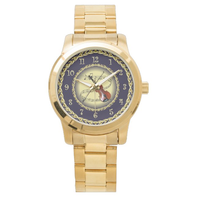 De Pulsera Violin ~ Musical Scroll ~ Oro/Azul marino ~ Reloj (Anverso)