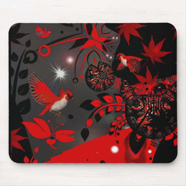 De Ratón Alfombrilla Asiática Pájaros Rojos (Frente)
