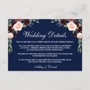 De Recepción Boda Floral Azul Borgoña Detalles Insertar Tarjeta