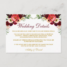 De Recepción Borgoña Floral Boho Boda Detalles Insertar Tarjeta