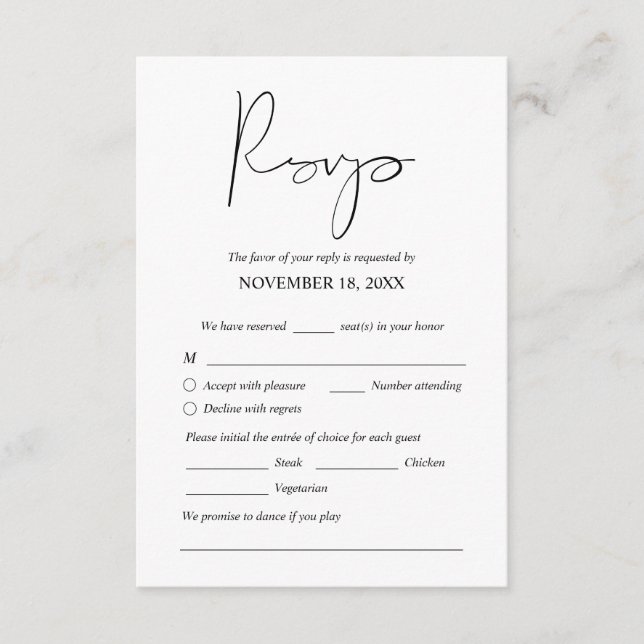 De Recepción Cena Boda moderna invita a tarjeta adjunta RSVP (Anverso)