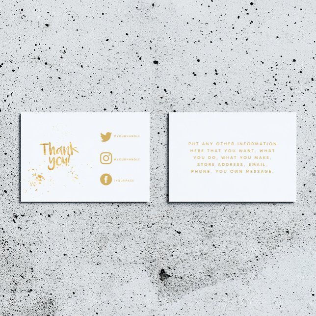 De Recepción Efecto Relieve metalizado dorado gracias tarjeta d (White insert card for customer orders. Thank you in fun text and social media details and message.)