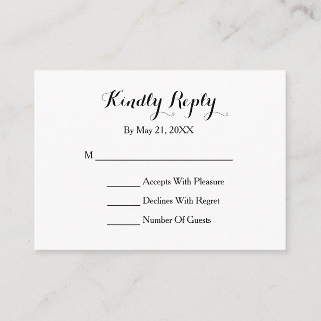 De Recepción Elegante Script Tarjeta RSVP Blanco Negro (Anverso)