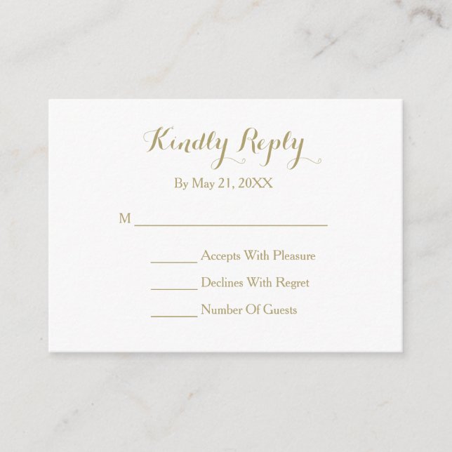 De Recepción Elegante Script Tarjeta RSVP Blanco Oro (Anverso)