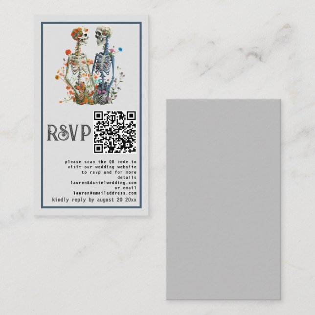 De Recepción Elegante Skeleton floral gris QR Wedding Tarjeta R (Anverso / Reverso)