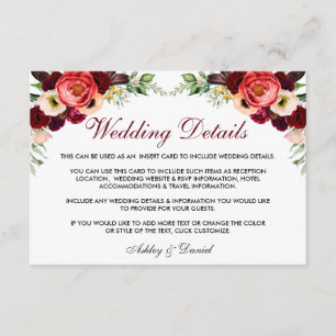 De Recepción Floral Borgoña Boho Boda Detalles Insertar Tarjeta