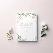 Hoja rosa y verde y flor tarjeta "RSVP"
