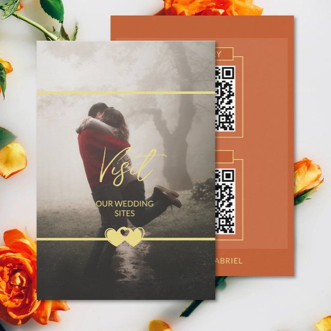 De Recepción Moda moderna Añadir Boda fotográfico QR Cd Tarjeta (The front and back of the modern chic photo wedding QR code enclosure card)