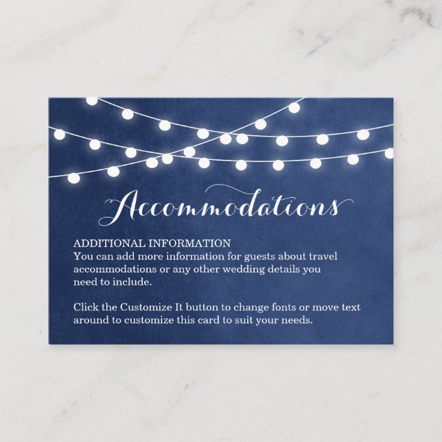 De Recepción Navy Blue String Lights Boda Insertar tarjeta (Anverso)