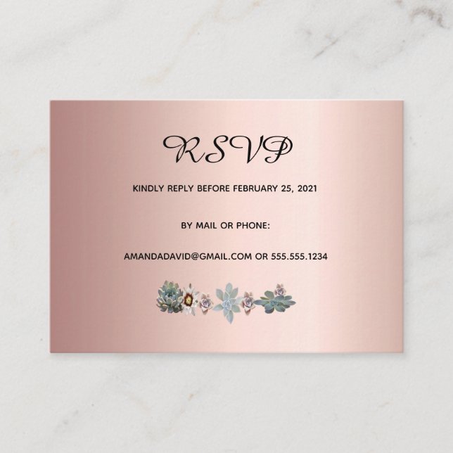 De Recepción RSVP tarjeta boda flores suculentas oro rosa (Anverso)