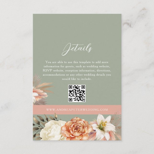 De Recepción Tarjeta QR del Boda floral Sage Green Boho (Anverso)