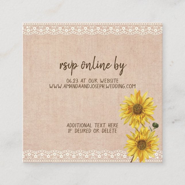 De Recepción Tarjeta RSVP Rústica Lace & Burlap Sunflowers Wedd (Anverso)