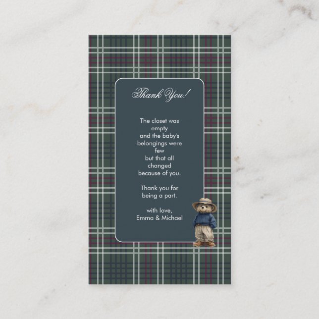 De Recepción Tarjeta Rustic Tartan Bear Baby Shower (Anverso)