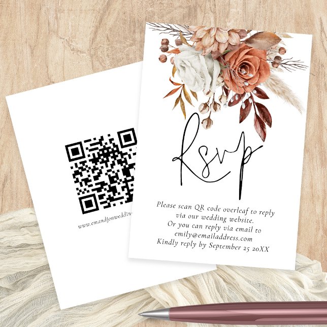 De Recepción Terracotta Florals QR Código Boda Tarjeta RSVP (Front and back view)
