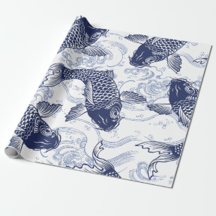 De Regalo AZUL Y BLANCO KOI PESCADO JAPONÉS Papel envuelto