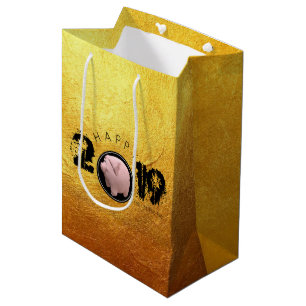 De Regalo Mediana Feliz Año PIg 2019 Bolsa original 3D dorada M Gift