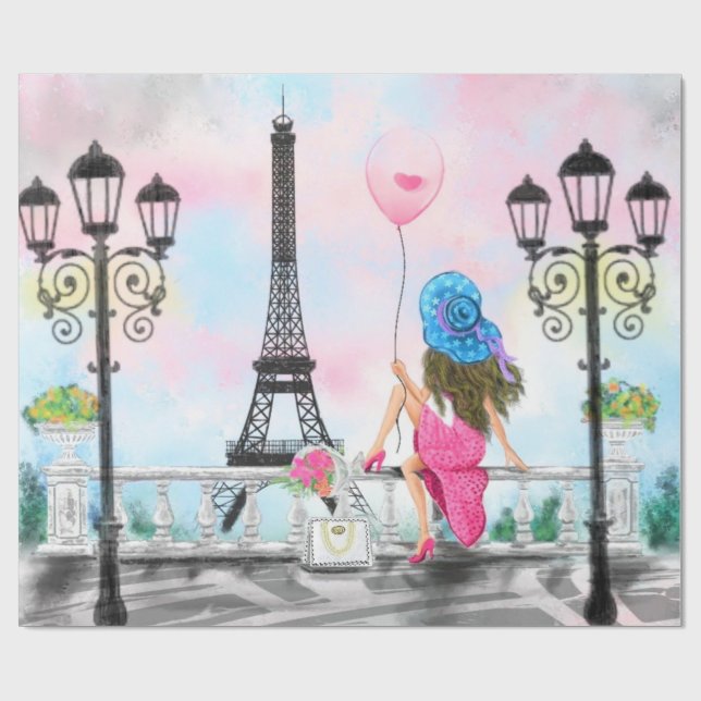 De Regalo Mujer en París Envolviendo Papel con Torre Eiffel (Superficie plana)
